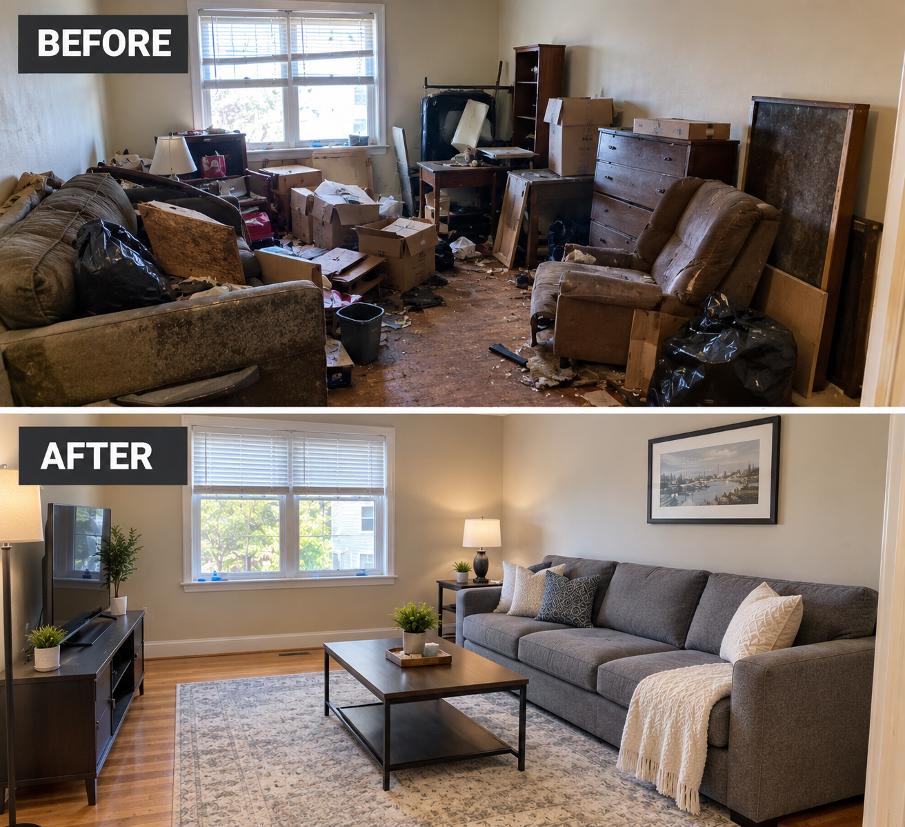 Cluttered living room before, and the same room cleared and staged after