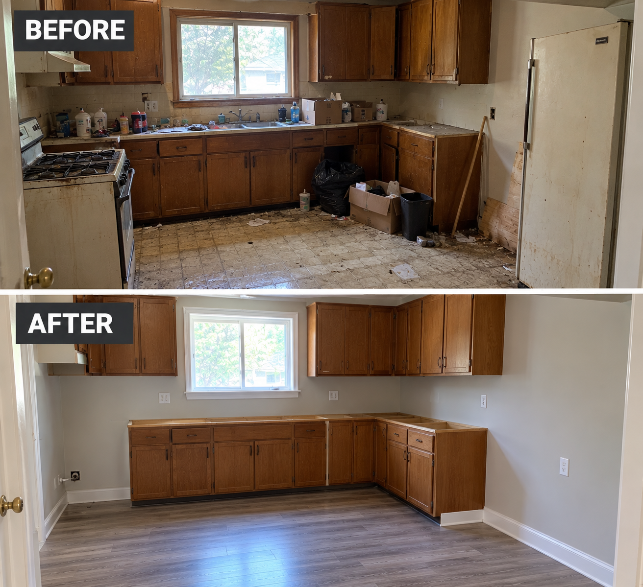 Cluttered kitchen before and the same kitchen cleared after