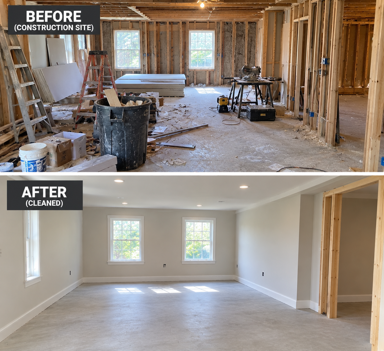Construction site before and the finished cleared room after