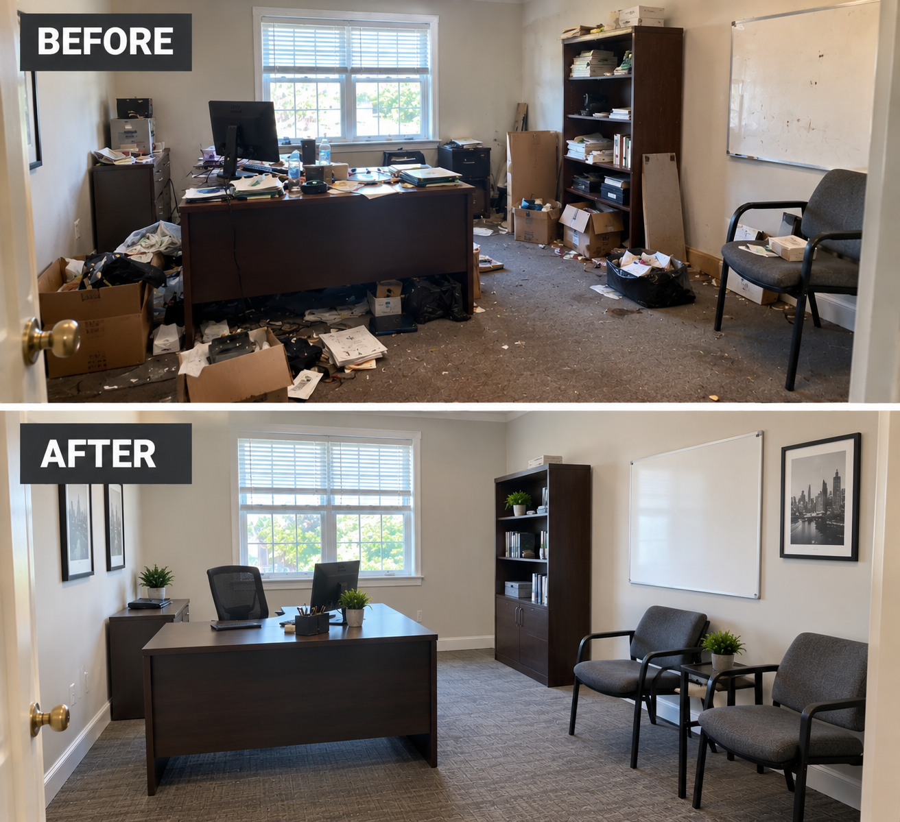Cluttered office before and the same office cleared after