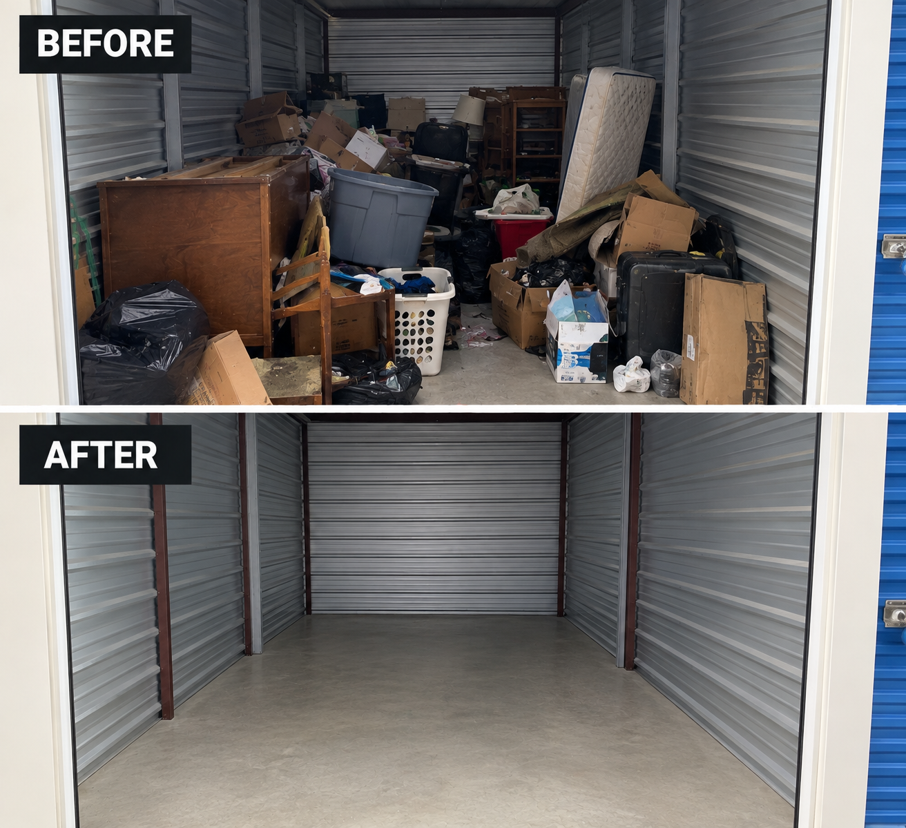 A storage space packed with boxes and furniture, and the same space emptied