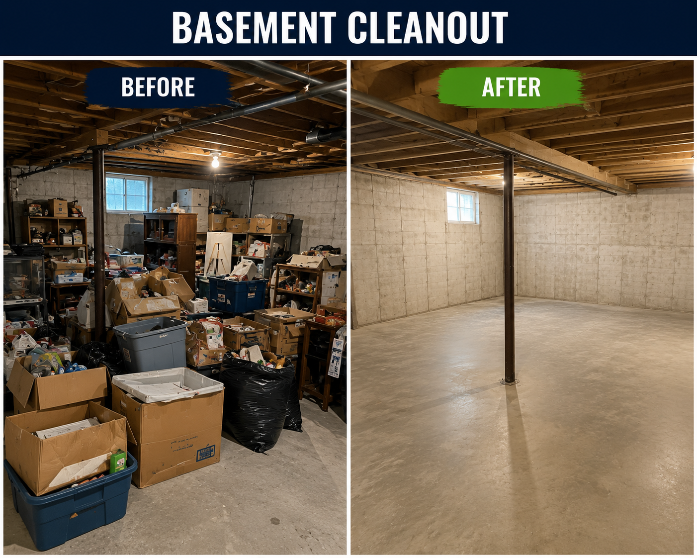 A cluttered basement beside the same basement fully cleared