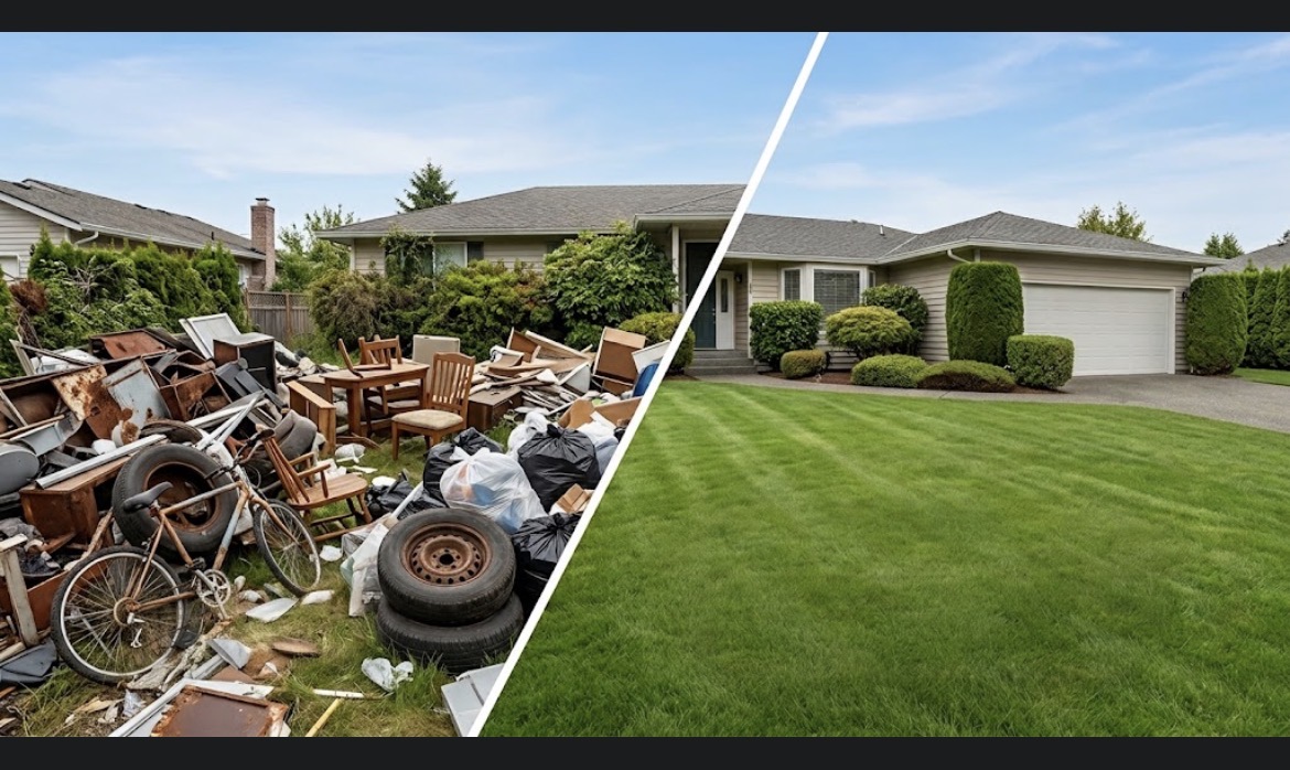 A yard piled with junk beside the same yard cleared and clean
